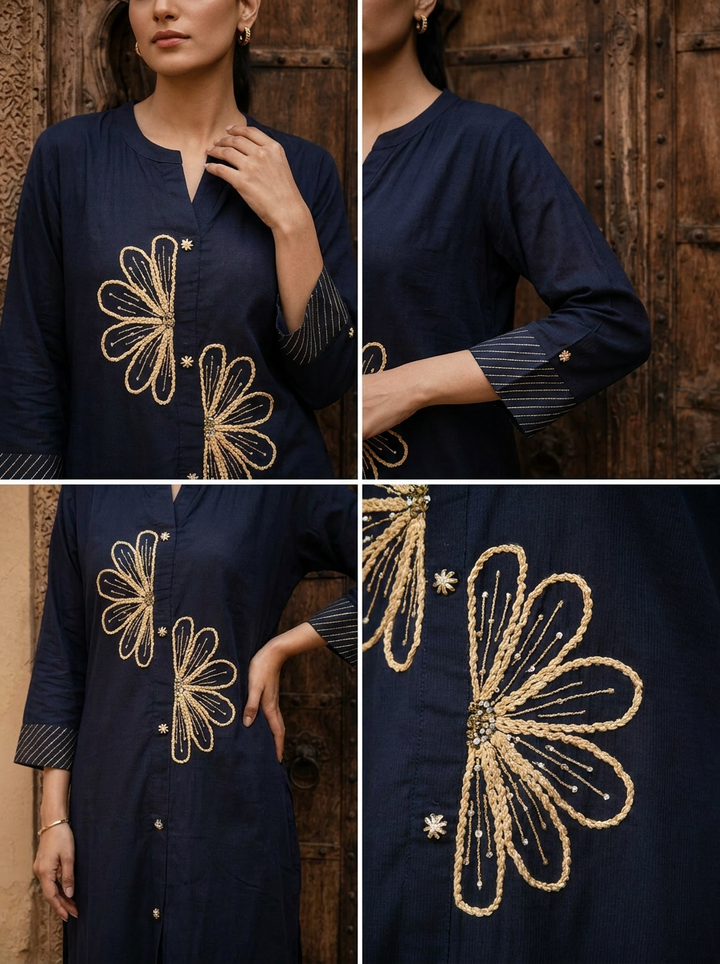 Navy Blue Cotton Floral Thread And Sequins Embroidered Two Piece Set