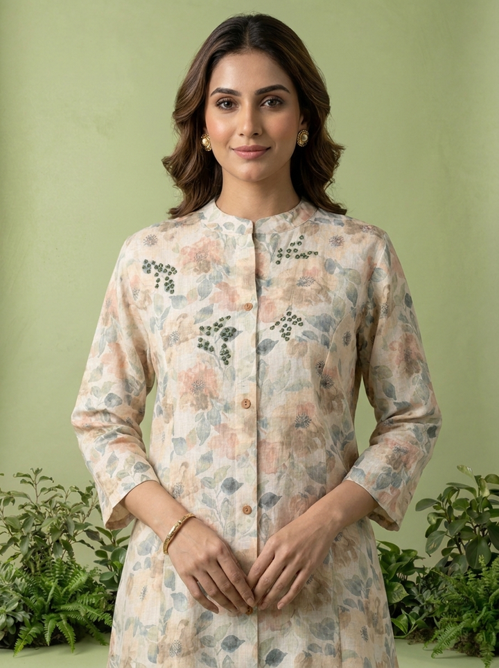 Beige Floral Printed And Mirror Embroidered Linen Two Piece Set
