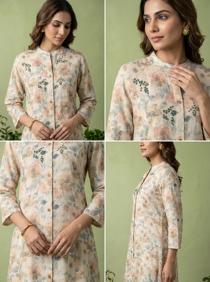 Beige Floral Printed And Mirror Embroidered Linen Two Piece Set