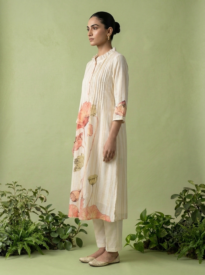 Peach And White Cotton Pleated Design Two Piece Set