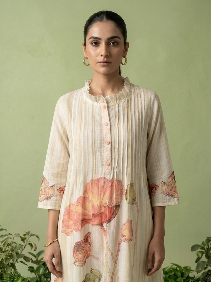 Peach And White Cotton Pleated Design Two Piece Set