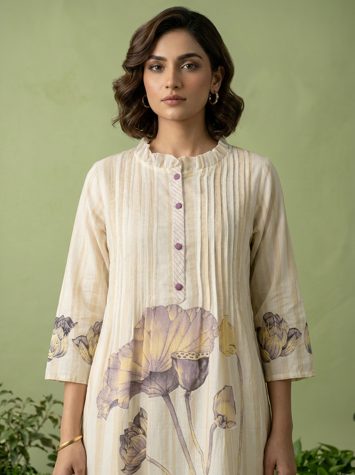 Lavender And White Cotton Pleated Design Two Piece Set
