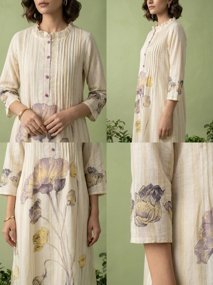 Lavender And White Cotton Pleated Design Two Piece Set