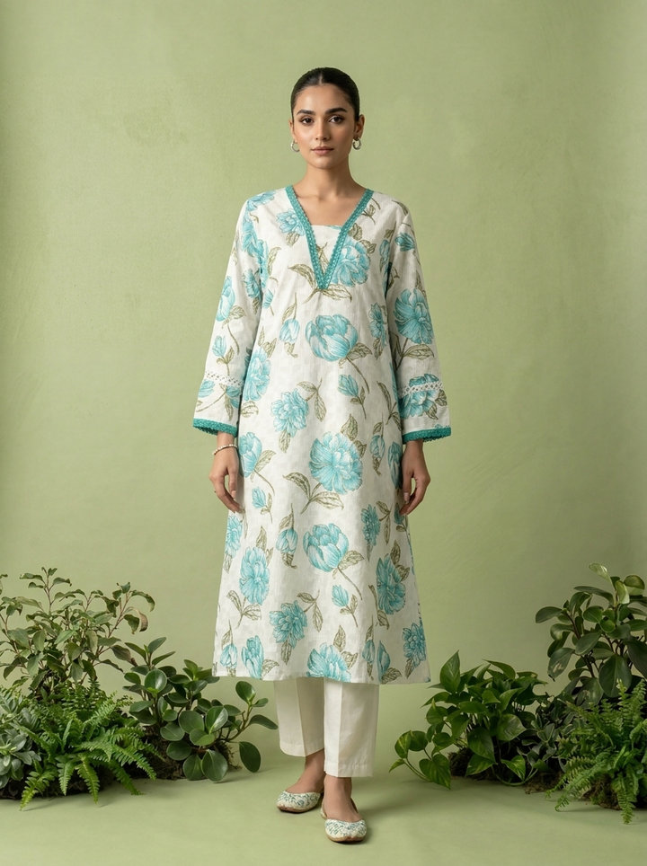Green And White Floral Printed Cotton Two Piece Set
