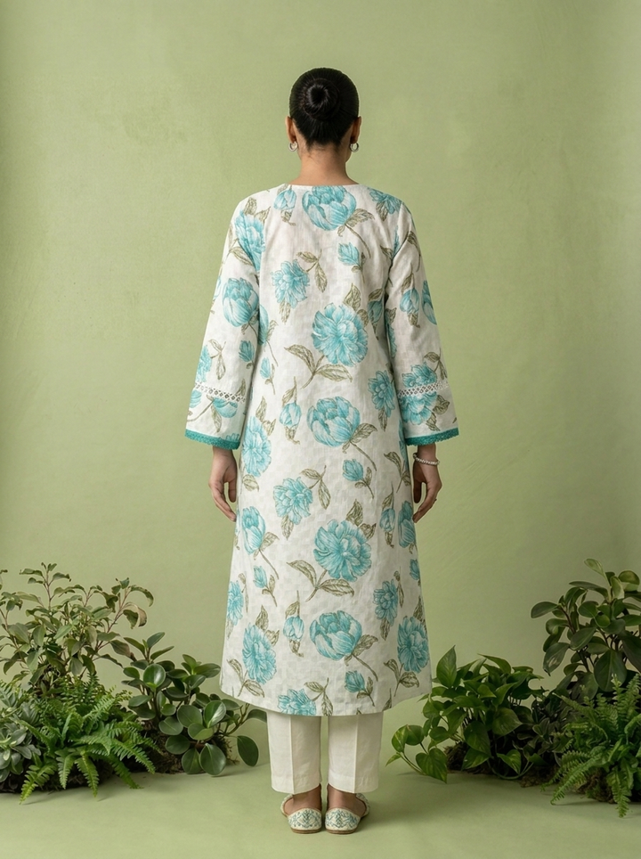 Green And White Floral Printed Cotton Two Piece Set