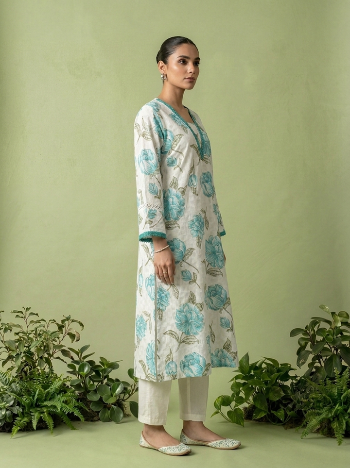 Green And White Floral Printed Cotton Two Piece Set