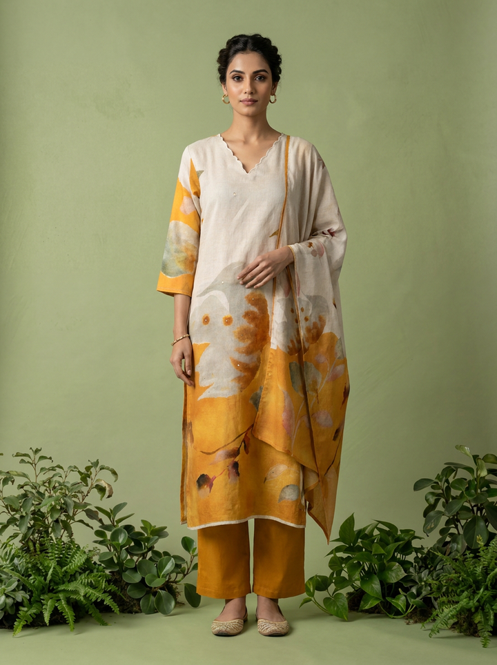 Mustard And White Digital Printed Cotton Three Piece Set