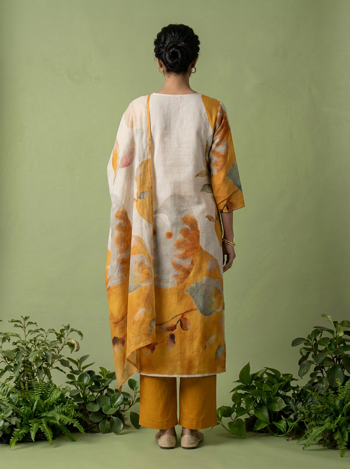 Mustard And White Digital Printed Cotton Three Piece Set