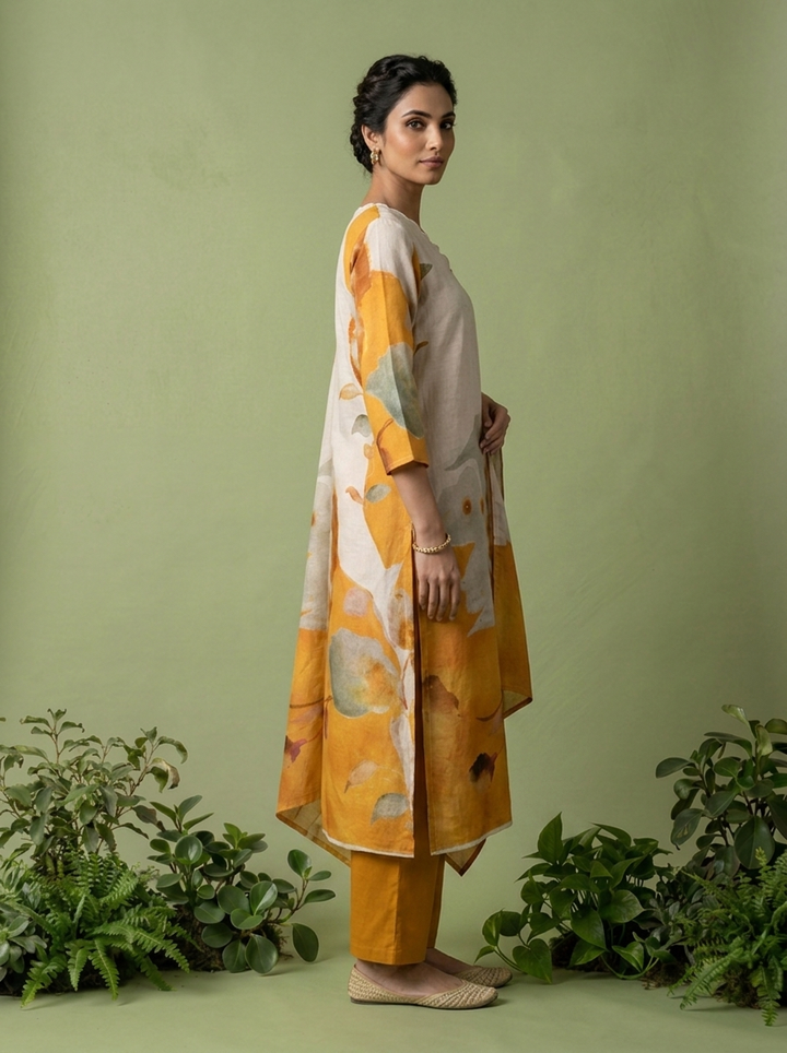 Mustard And White Digital Printed Cotton Three Piece Set