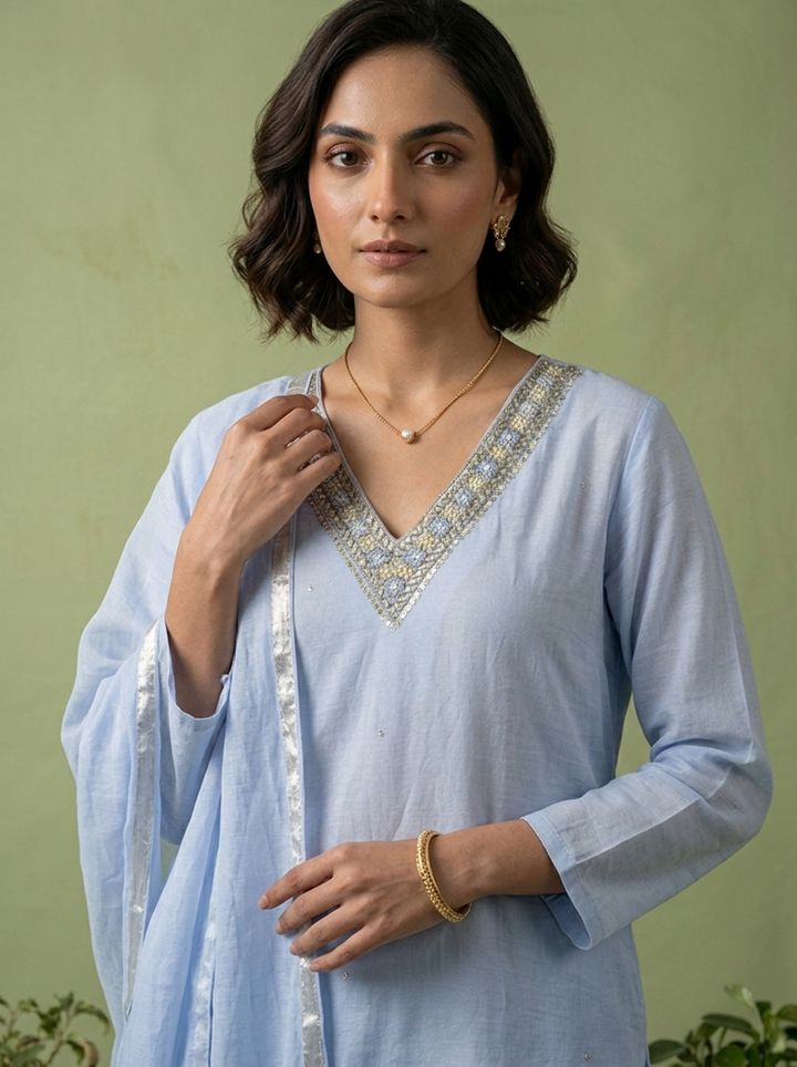 Blue Chanderi Beads And Thread Embroidery Three Piece Set