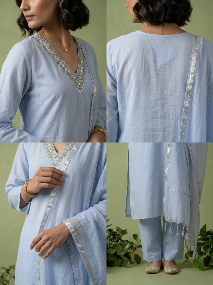 Blue Chanderi Beads And Thread Embroidery Three Piece Set