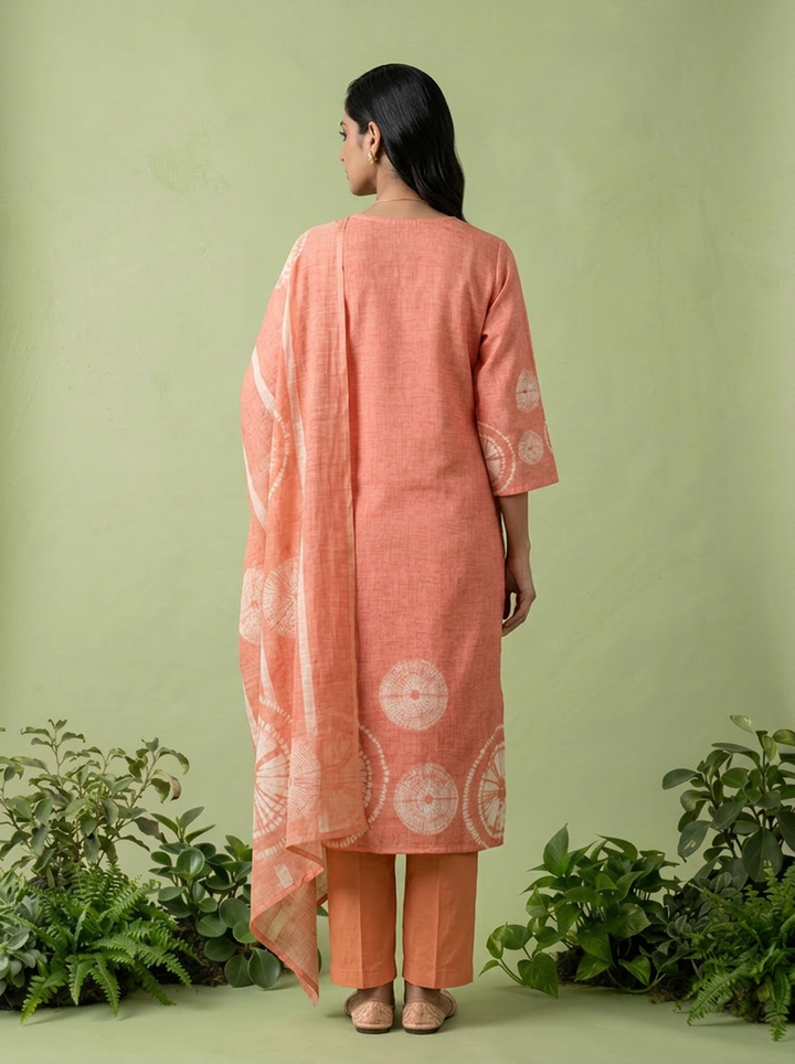 Peach Linen Floral Thread Embroidery And Printed Three Piece Set