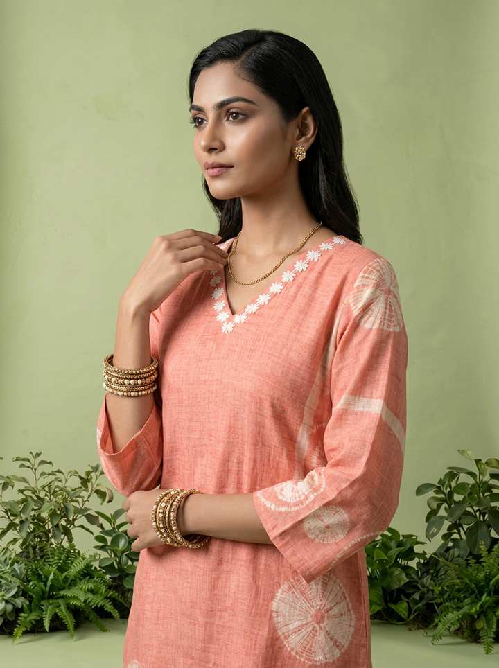 Peach Linen Floral Thread Embroidery And Printed Three Piece Set
