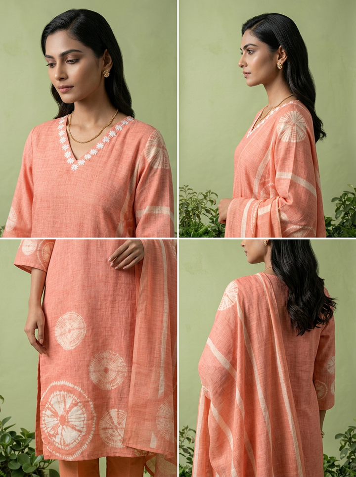 Peach Linen Floral Thread Embroidery And Printed Three Piece Set