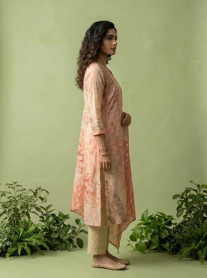 Beige And Peach Chanderi Three Piece Set With Floral Printed Dupatta