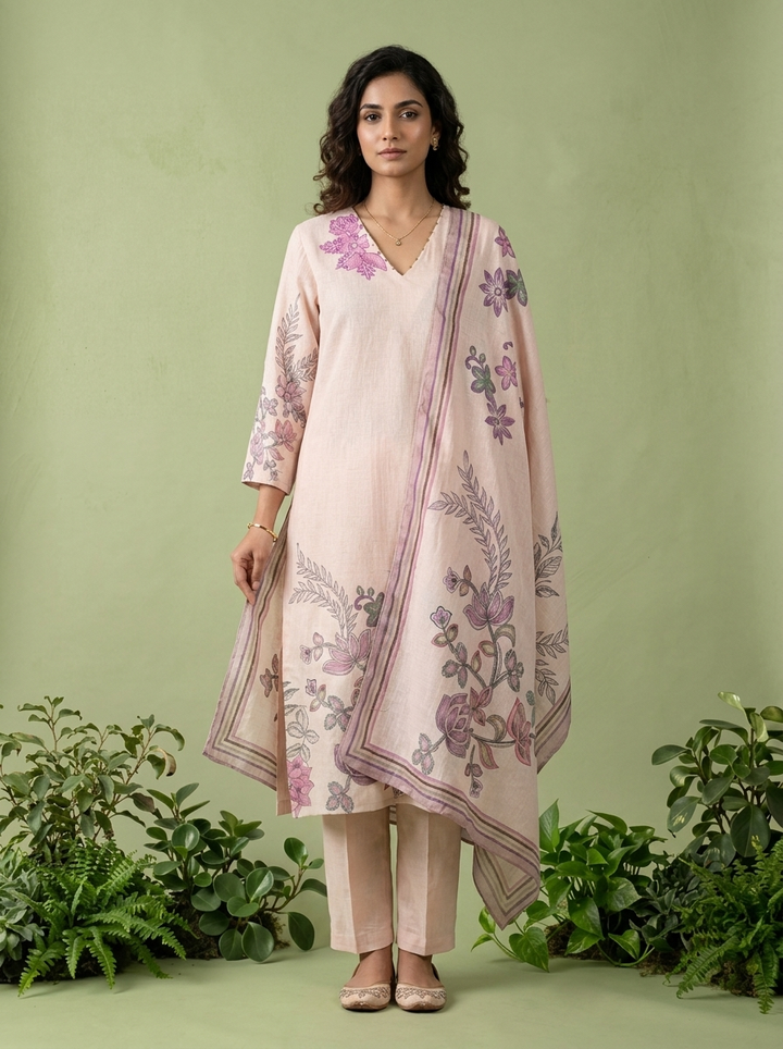 Baby Pink Floral Hand Embroidered Linen Three Piece Set