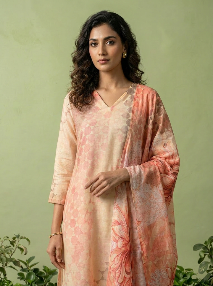 Beige And Peach Chanderi Three Piece Set With Floral Printed Dupatta
