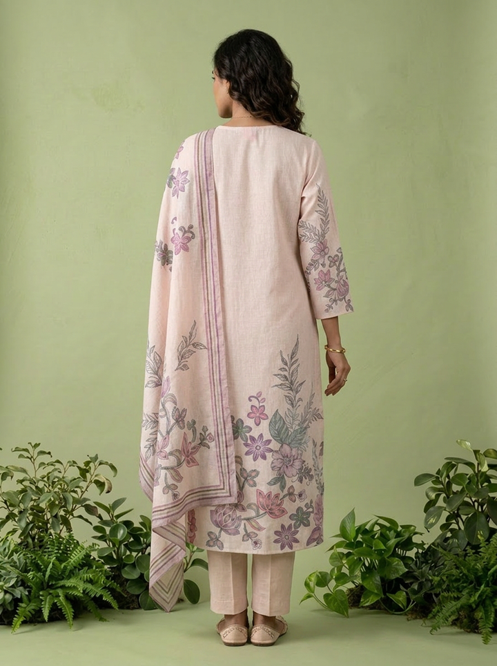 Baby Pink Floral Hand Embroidered Linen Three Piece Set