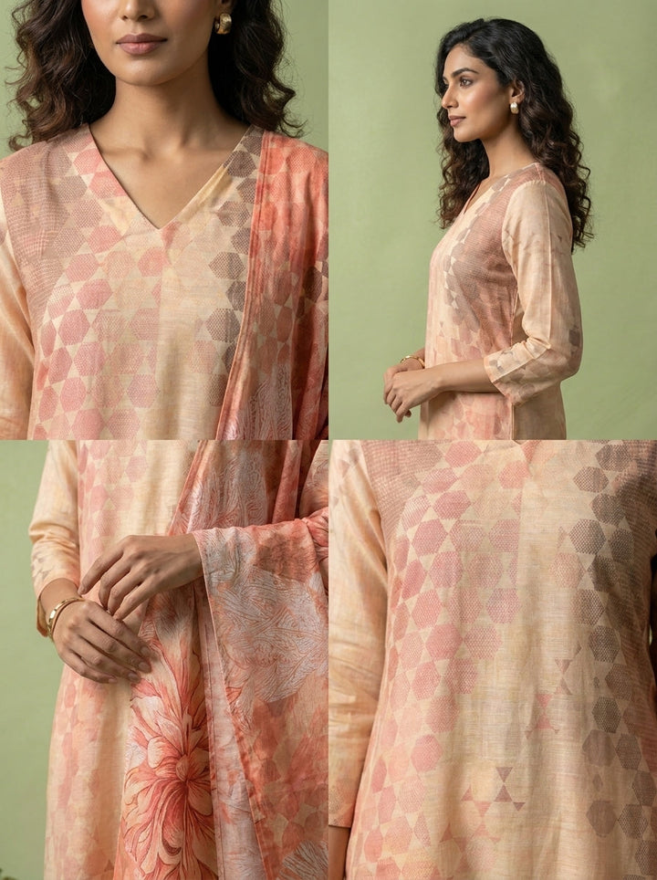 Beige And Peach Chanderi Three Piece Set With Floral Printed Dupatta