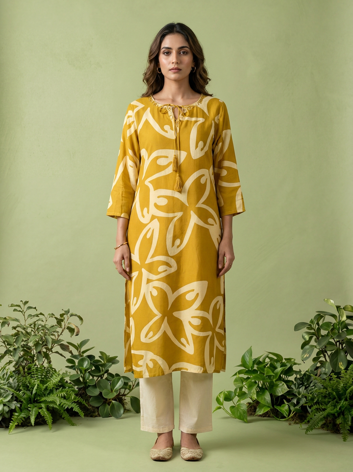 Mustard Floral Printed Silk Kurta