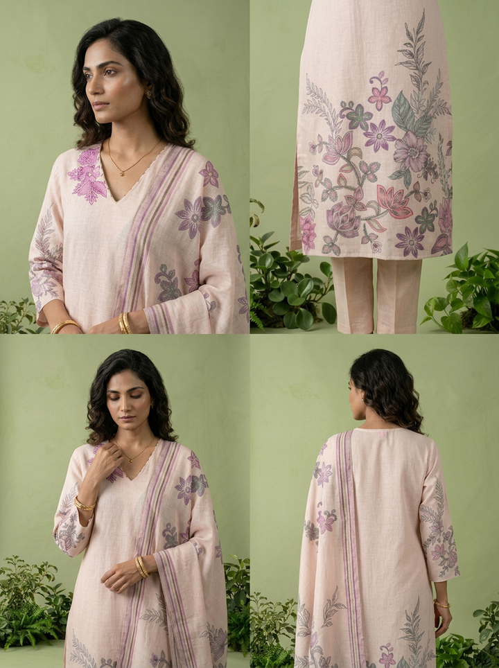 Baby Pink Floral Hand Embroidered Linen Three Piece Set