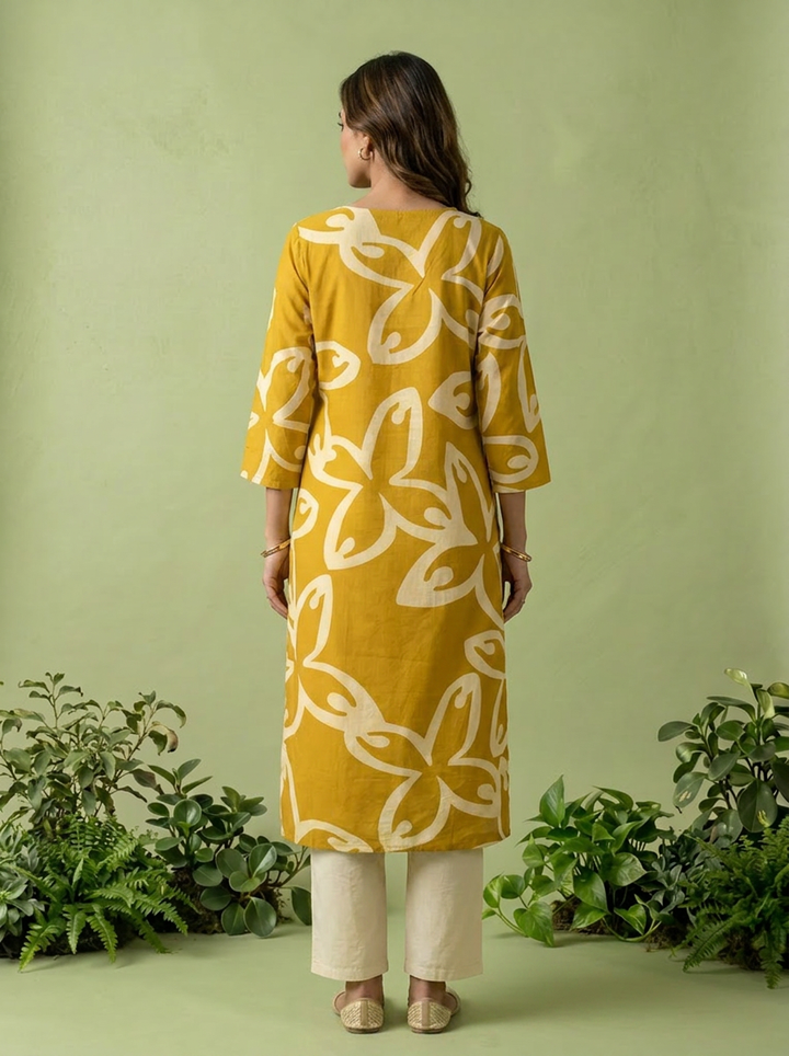 Mustard Floral Printed Silk Kurta