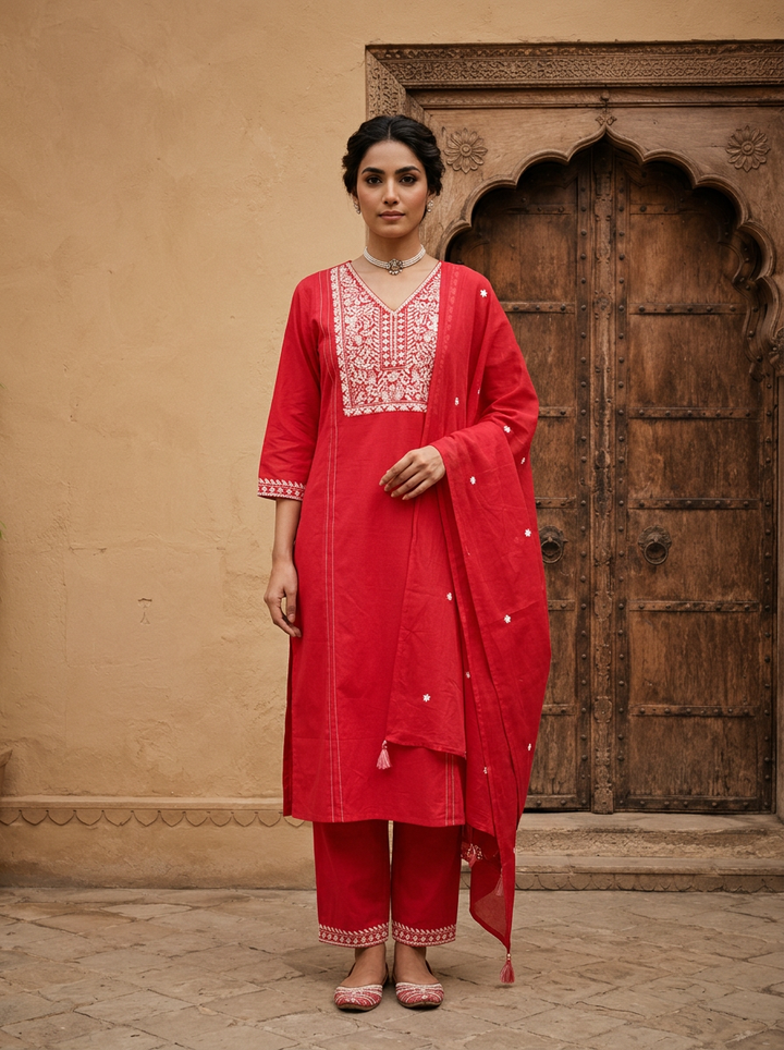 Rani Heavy Floral Thread And Paisley Embroidery Cotton Three Piece Set