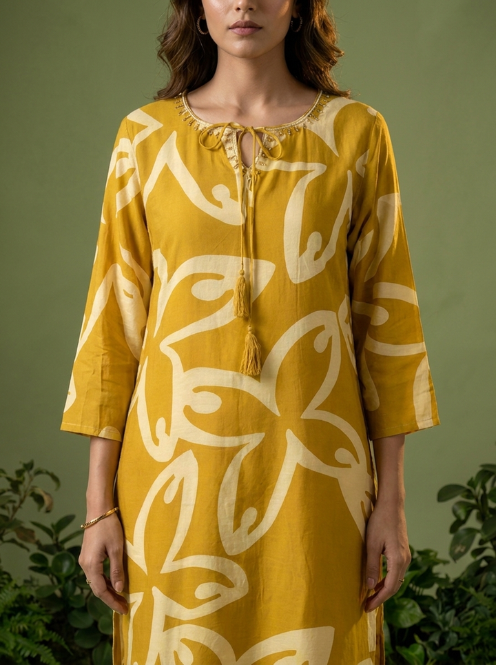 Mustard Floral Printed Silk Kurta