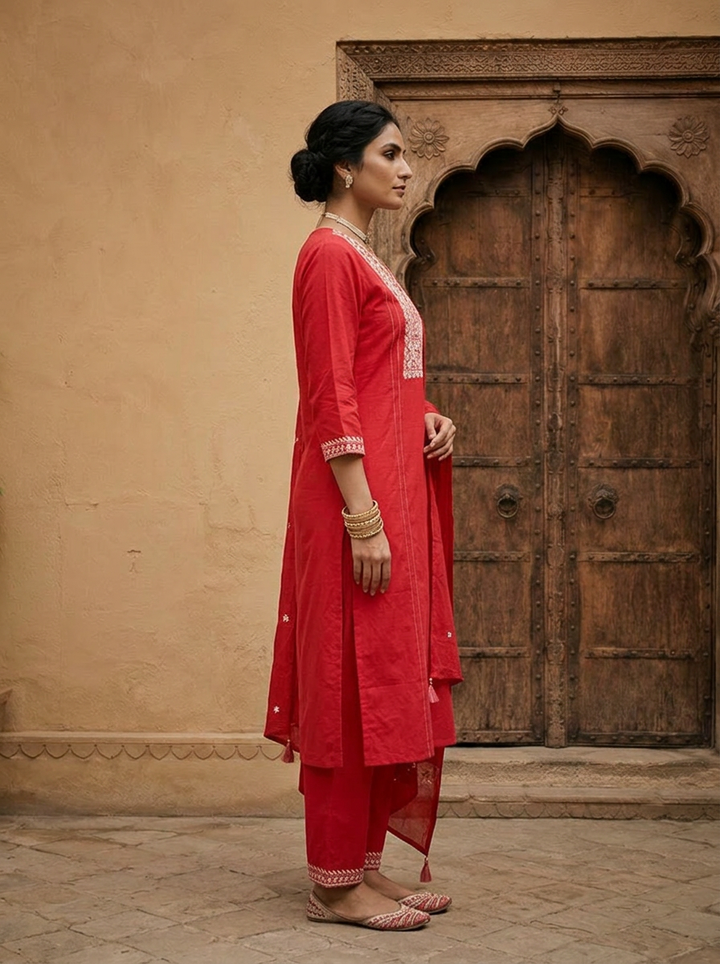 Rani Heavy Floral Thread And Paisley Embroidery Cotton Three Piece Set