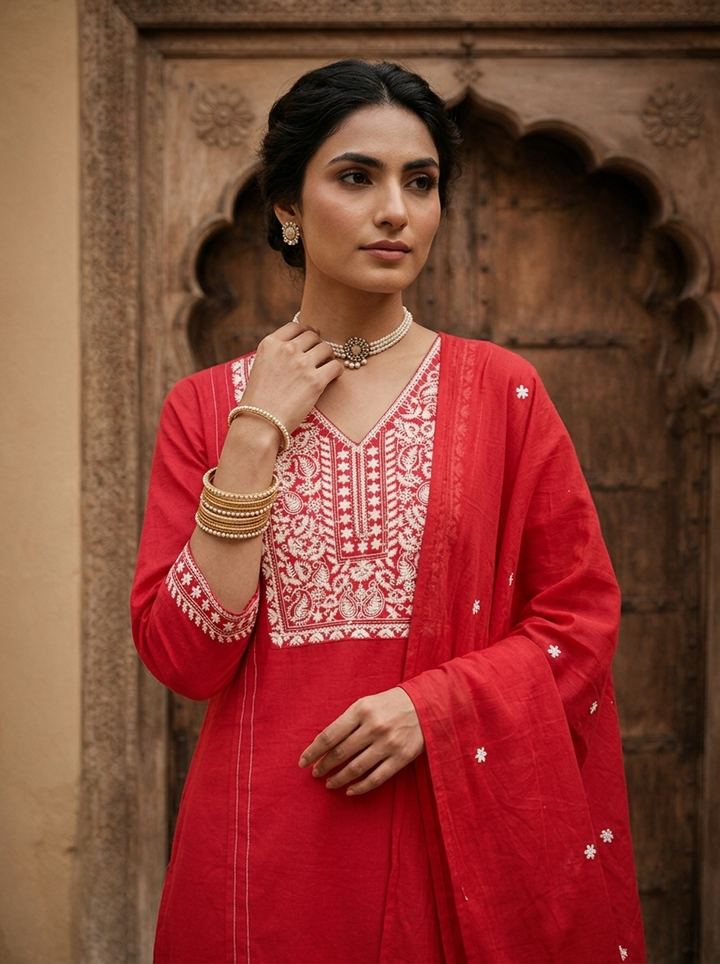 Rani Heavy Floral Thread And Paisley Embroidery Cotton Three Piece Set