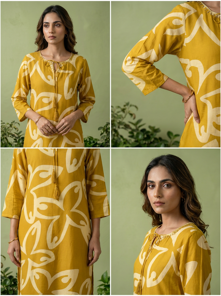 Mustard Floral Printed Silk Kurta