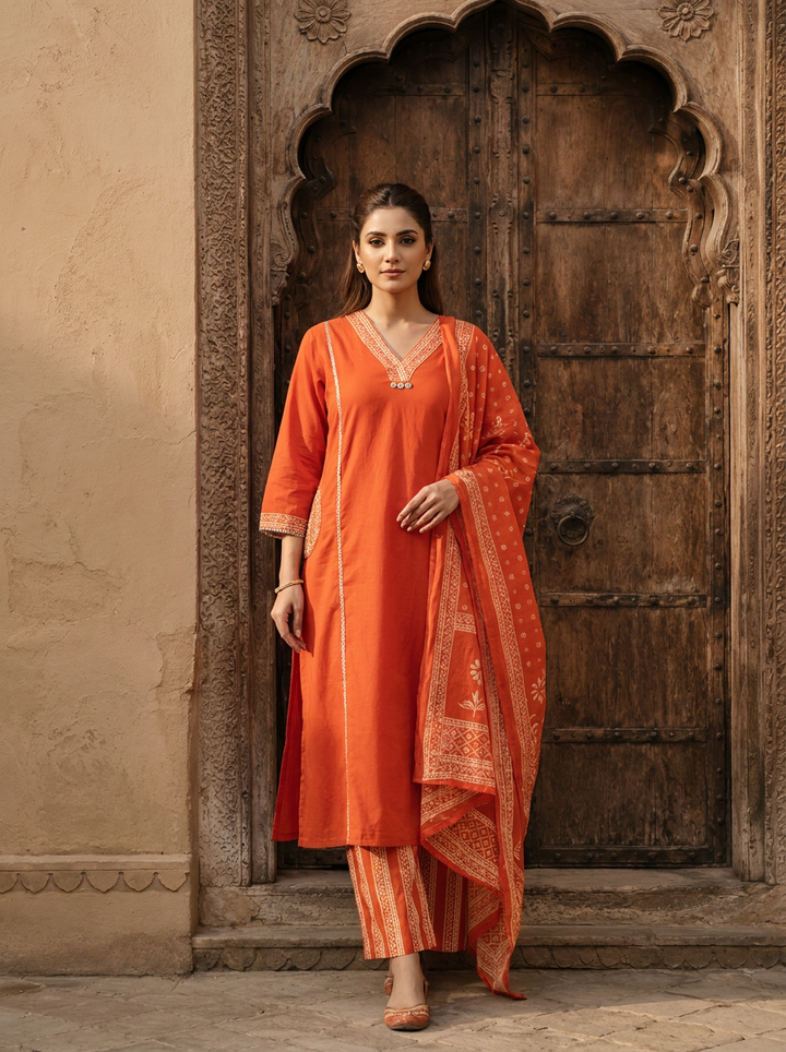 Orange Cotton Patch Embroidery Three Piece Set