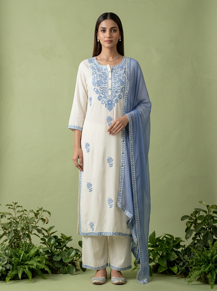 White And Blue Heavy Floral Thread Embroidery Rayon Three Piece Set