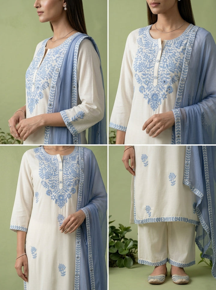 White And Blue Heavy Floral Thread Embroidery Rayon Three Piece Set