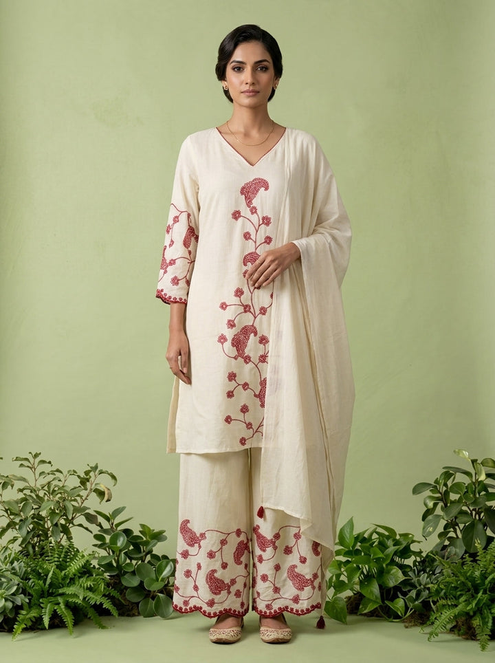 Wine Thread Embroidered Cotton Three Piece Set