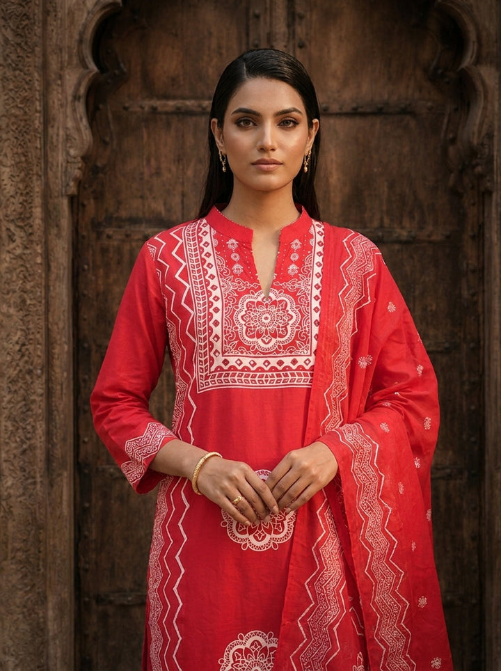 Rani Pink Cotton Chevron And Floral Printed Three Piece Set