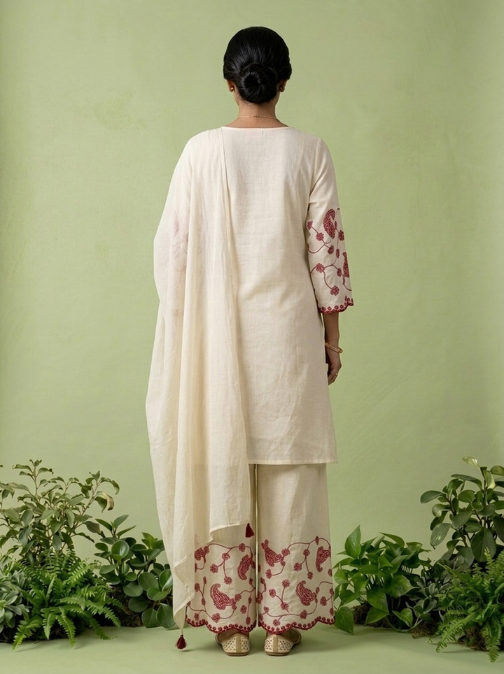 Wine Thread Embroidered Cotton Three Piece Set