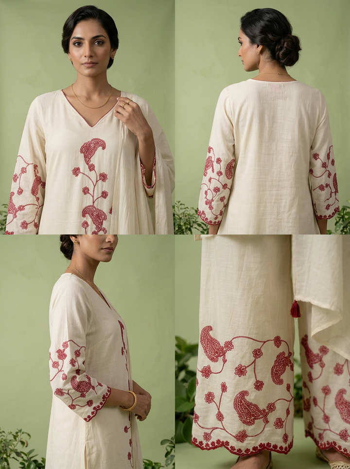 Wine Thread Embroidered Cotton Three Piece Set