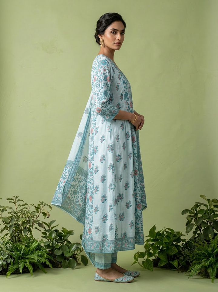 Sky Blue Floral Printed And Patch Embroidered Cotton Three Piece Set