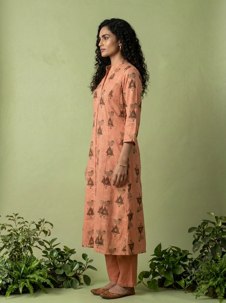Peach Printed Linen Two Piece Set
