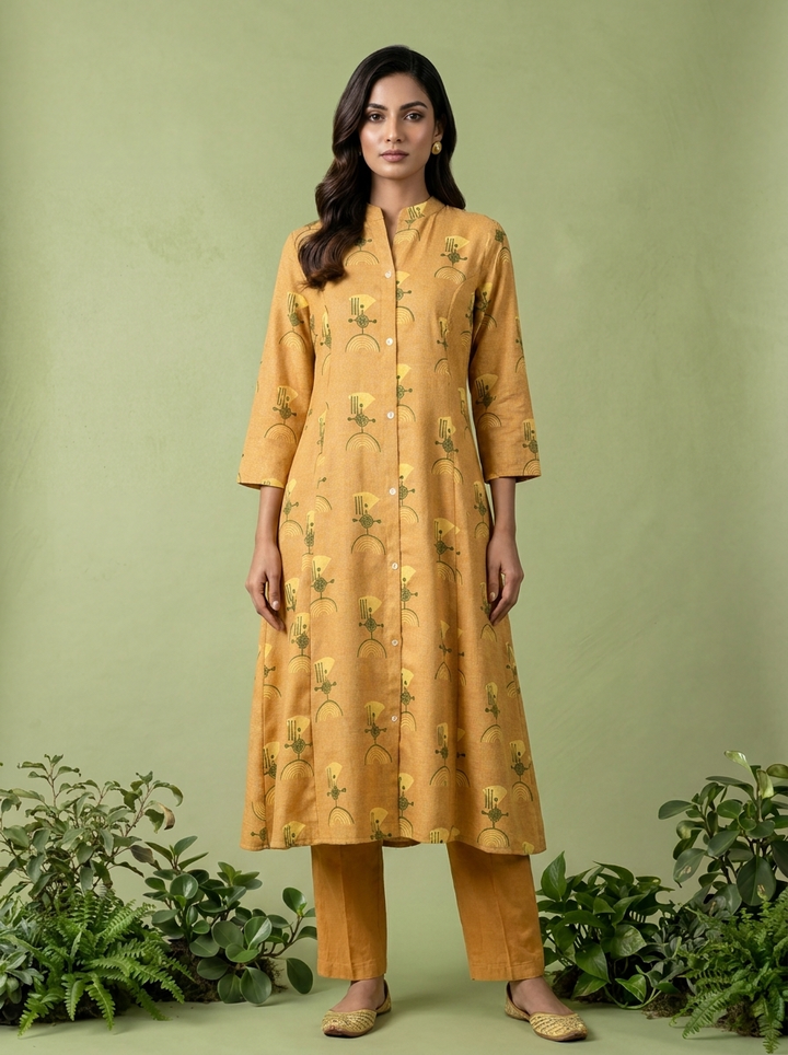 Mustard Printed Linen Two Piece Set