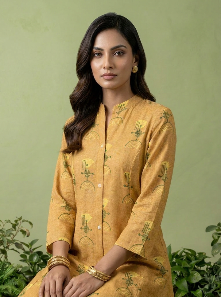 Mustard Printed Linen Two Piece Set