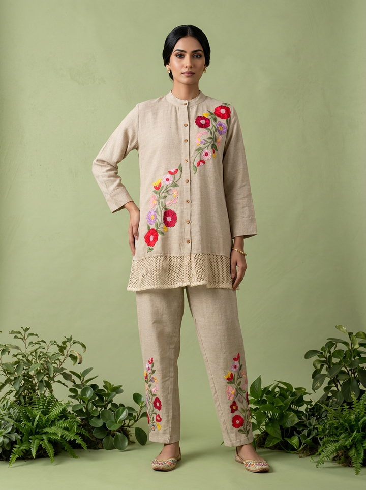 Beige Jute Fabric Two Piece Set