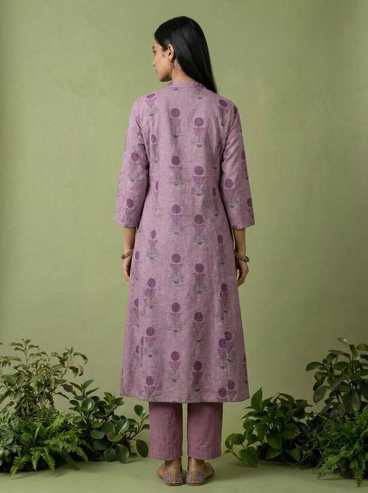 Purple Linen Hand Block Printed Two Piece Set