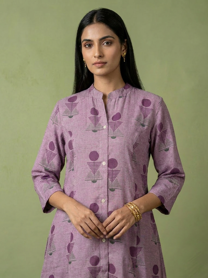 Purple Linen Hand Block Printed Two Piece Set
