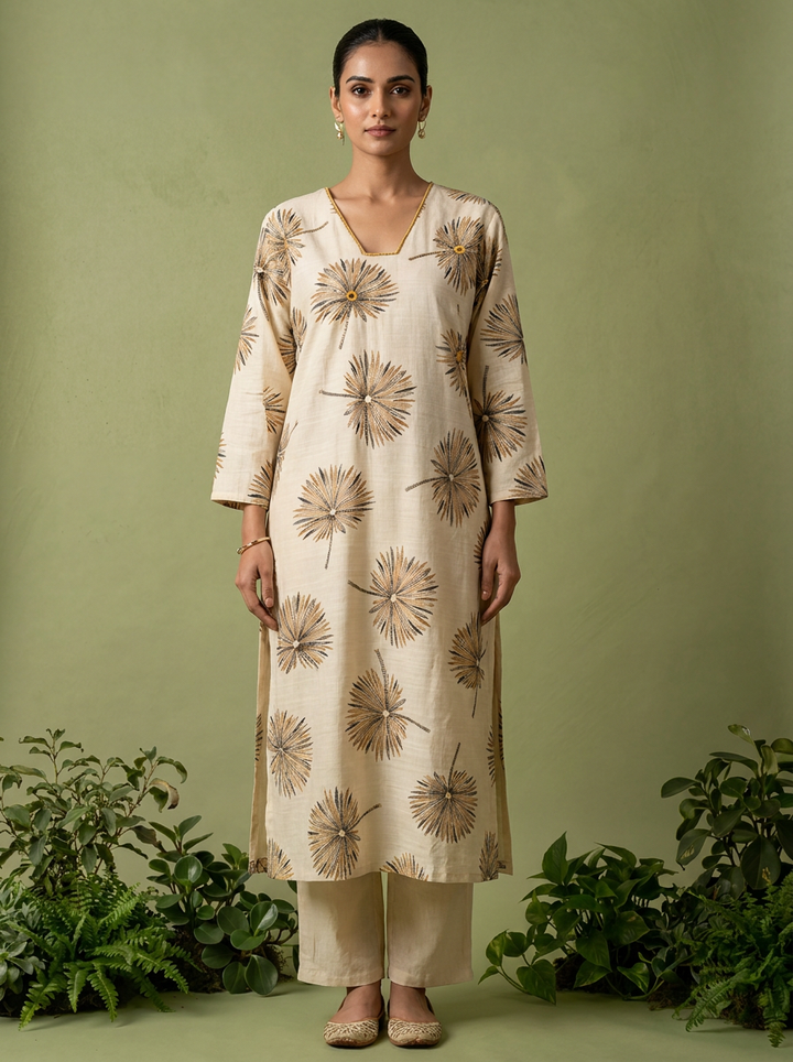 Cream Printed Rayon Two Piece Set
