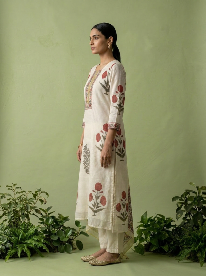 Off White Printed Cotton Three Piece Set