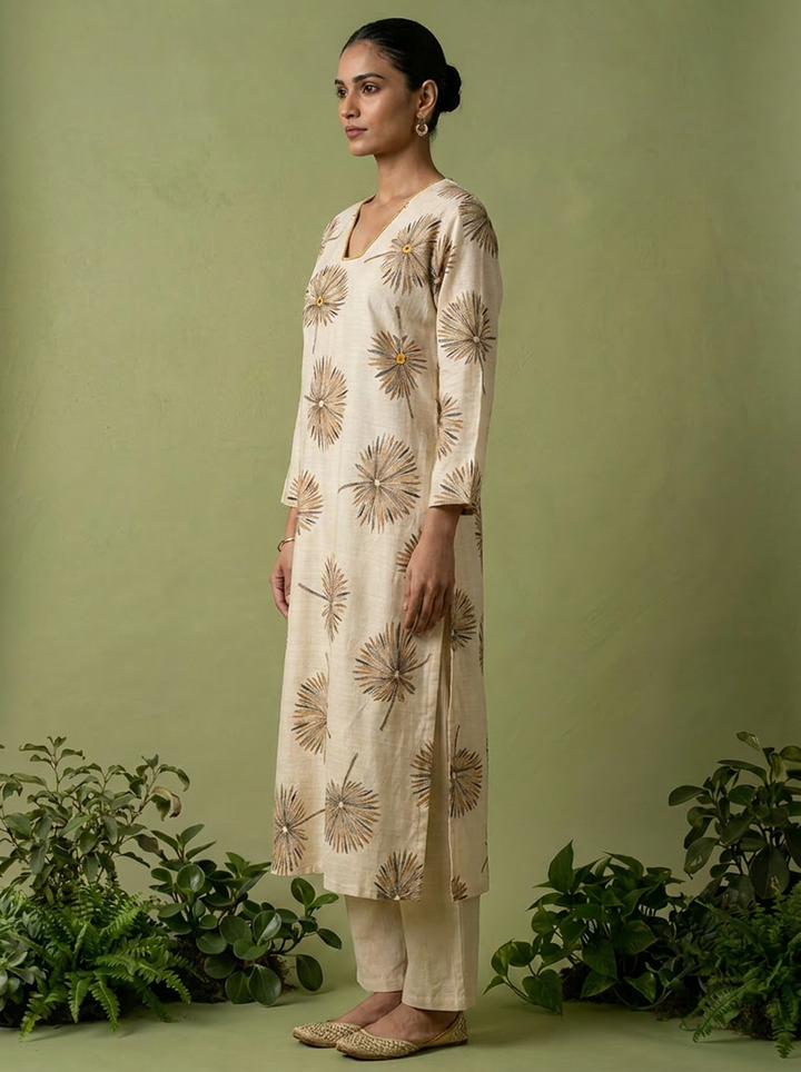 Cream Printed Rayon Two Piece Set