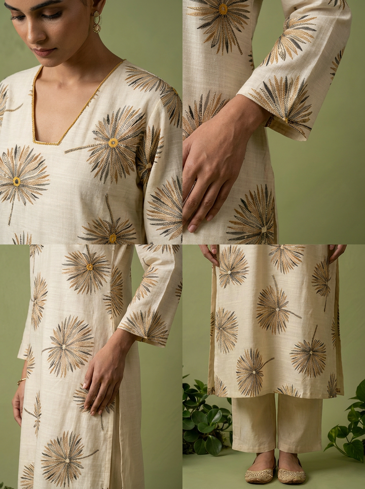 Cream Printed Rayon Two Piece Set