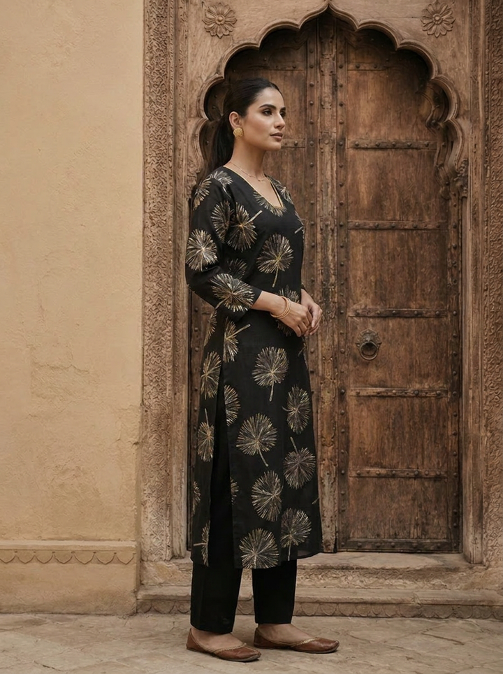 Black Printed Rayon Two Piece Set